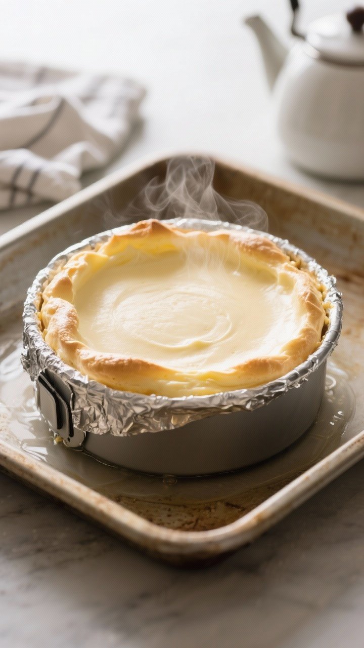 Cooking process close-up: Keto Lemon Soufflé Cheesecake just out of the oven in a 9-inch springform