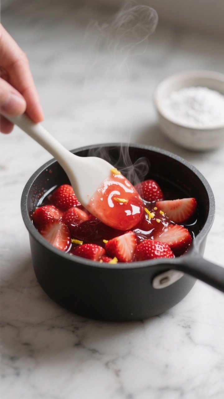 Cooking process – Close-up of glossy strawberry compote being simmered to a thick, jammy consisten
