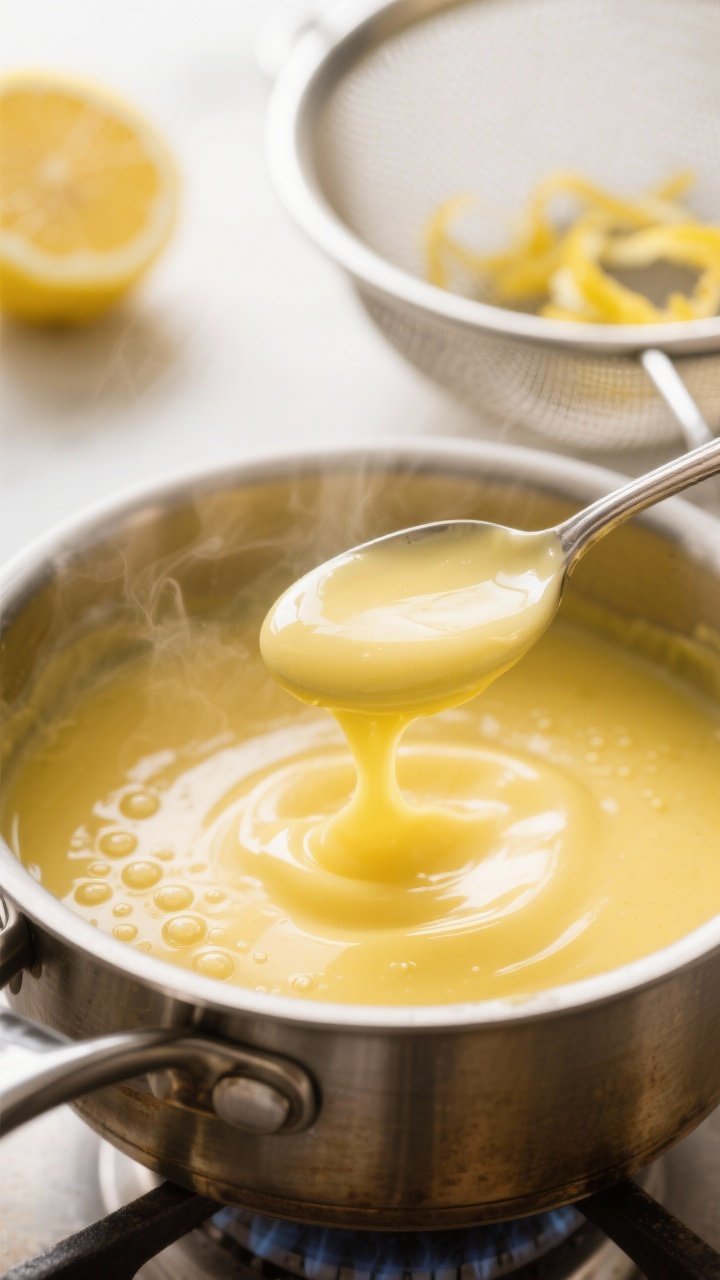 Cooking process close-up: Silky keto lemon curd thickening over a double boiler, captured as it coat