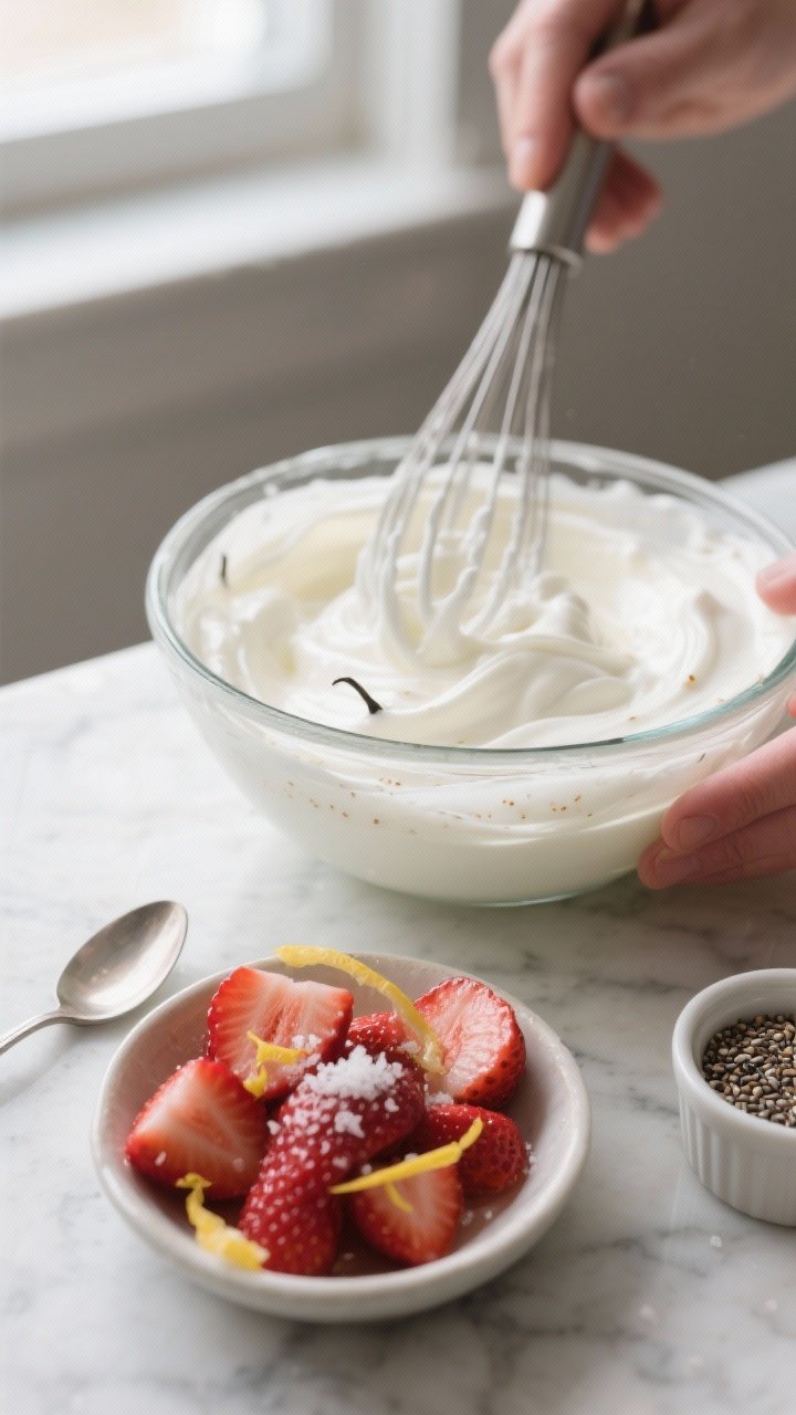 Cooking process close-up: Thick, full-fat Greek yogurt being whisked with vanilla, powdered allulose
