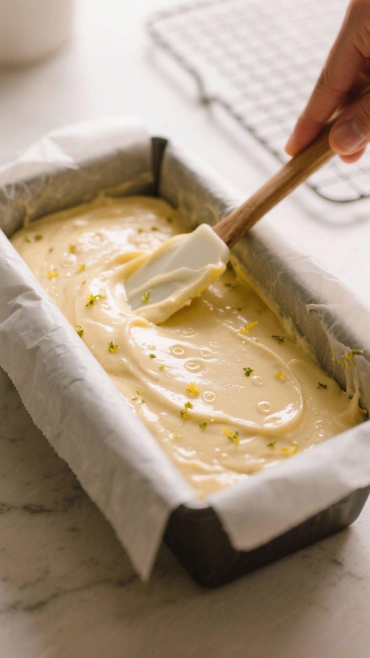 Cooking process close-up: Thick, glossy keto lemon pound cake batter being smoothed level in a parch