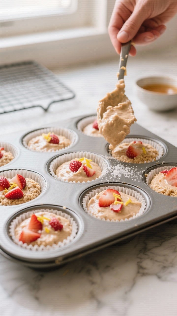Cooking process close-up: Thick, scoopable keto strawberry muffin batter being portioned into a line