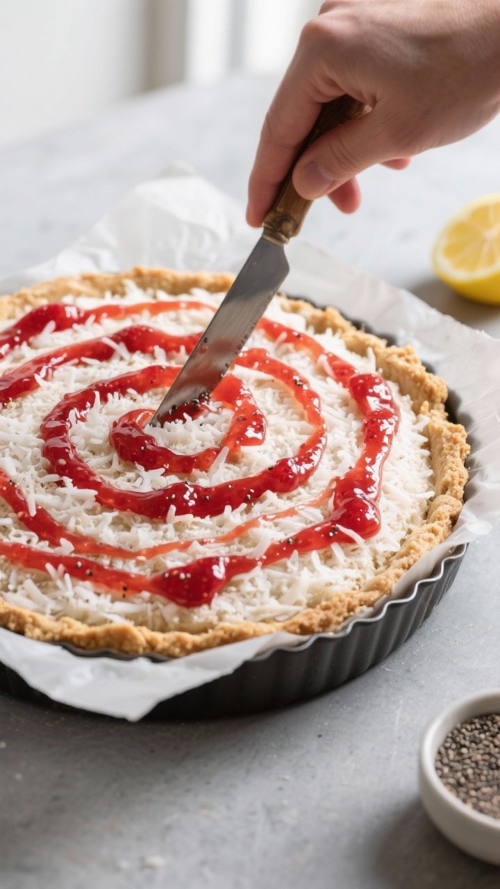 Cooking process close-up: Warm 8-inch pan of par-baked almond flour crust topped with an even, press