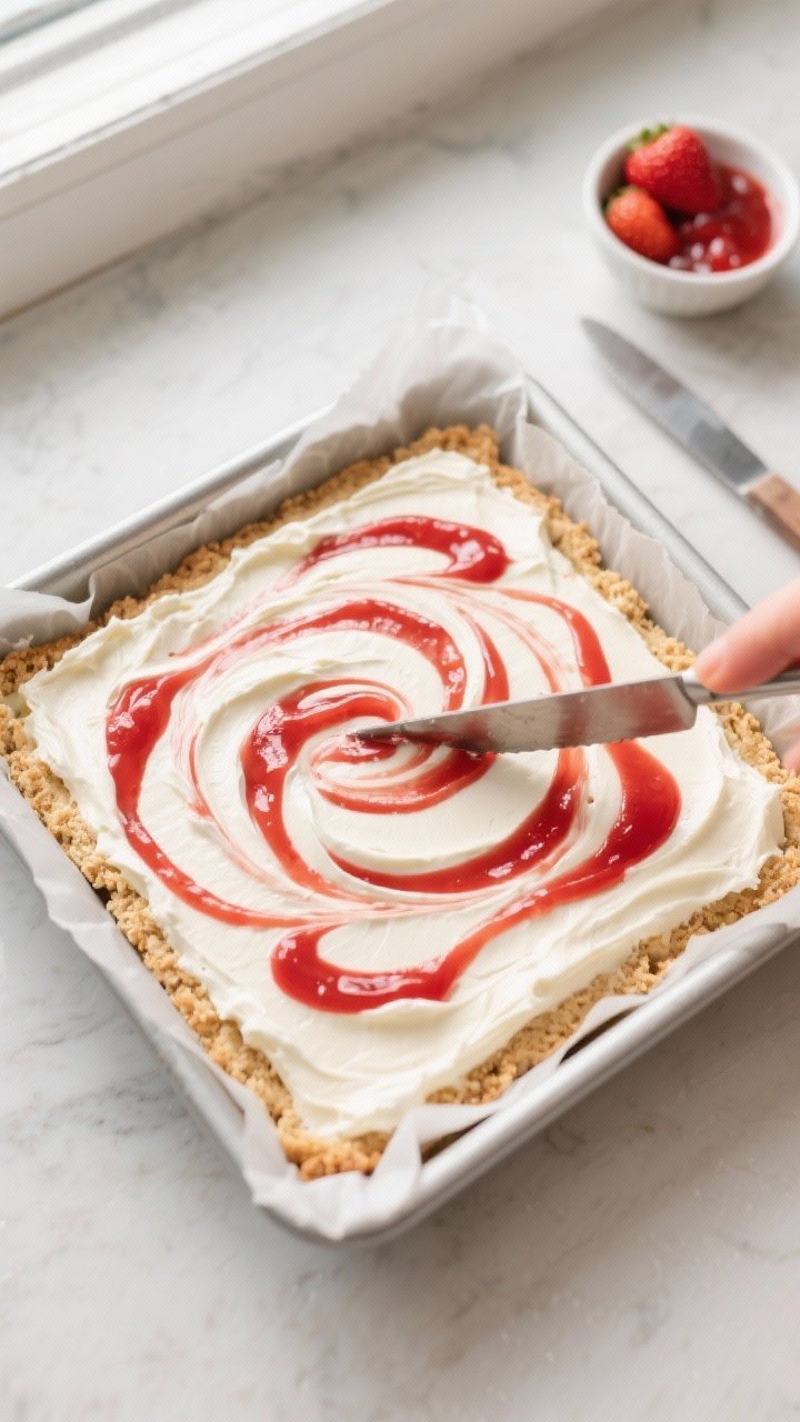 Cooking process, overhead: Keto Strawberry Cheesecake Bars being assembled in an 8x8-inch parchment-