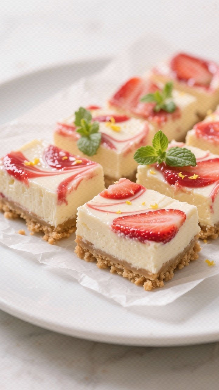 Final dish, close-up detail: Chilled Keto Strawberry Cheesecake Bars sliced into neat squares on a m