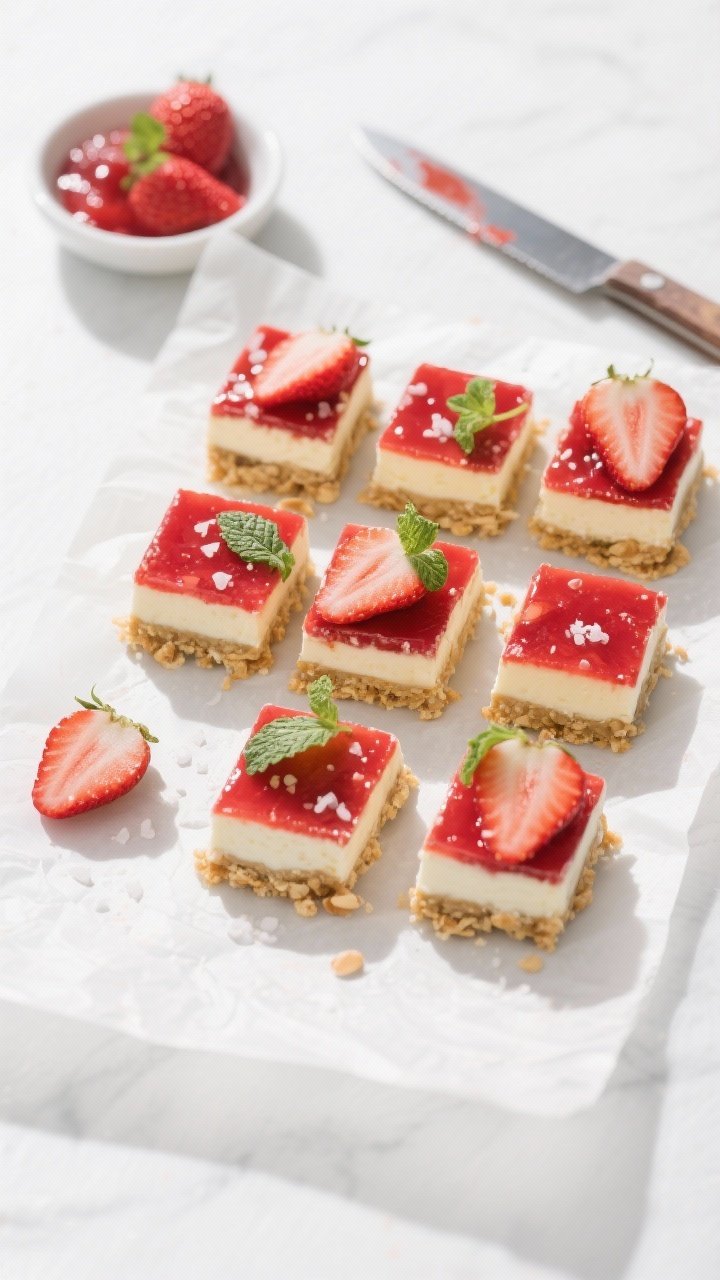 Final dish overhead: An top-down shot of neatly cut no-bake keto strawberry bars arranged in a grid 