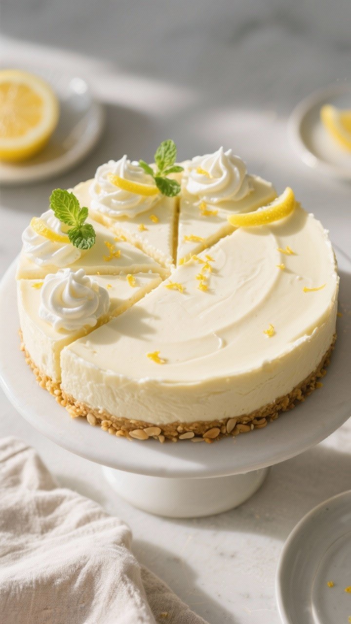 Final dish overhead: Chilled Keto Lemon Cheesecake sliced cleanly into neat wedges on a matte white 