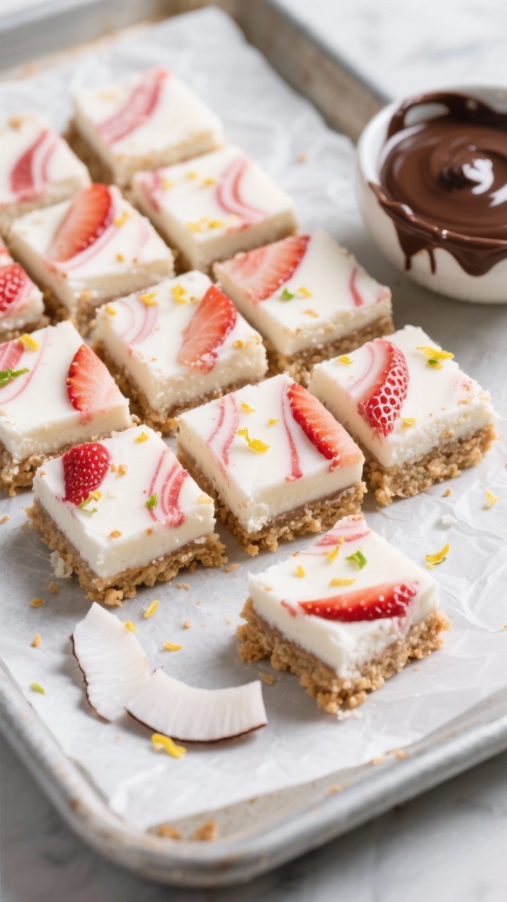 Final dish overhead: Chilled Keto Strawberry Coconut Bars sliced into neat squares on parchment, sho