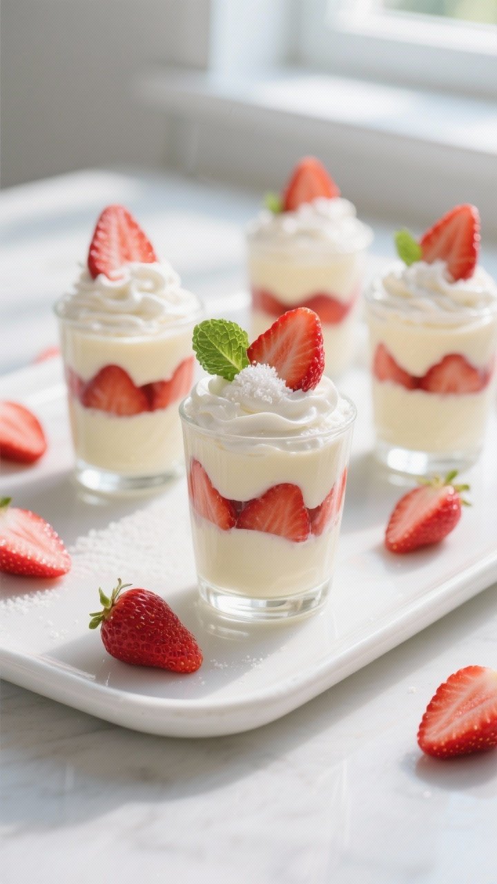 Final dish overhead: Creamy Keto Strawberry Pudding Parfaits layered in clear small glasses—pale v