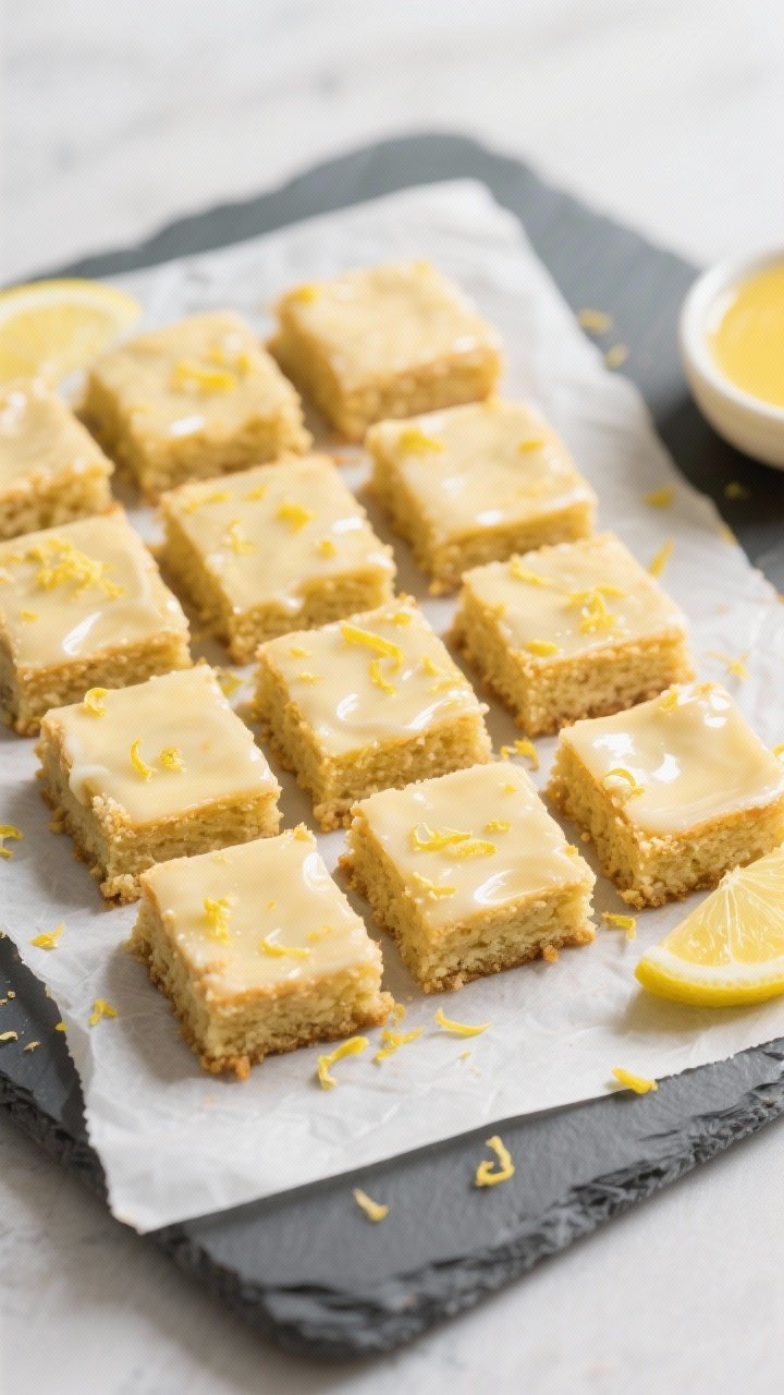 Final dish overhead: Fully baked keto lemon blondies sliced into 16 neat squares, glazed with a thin