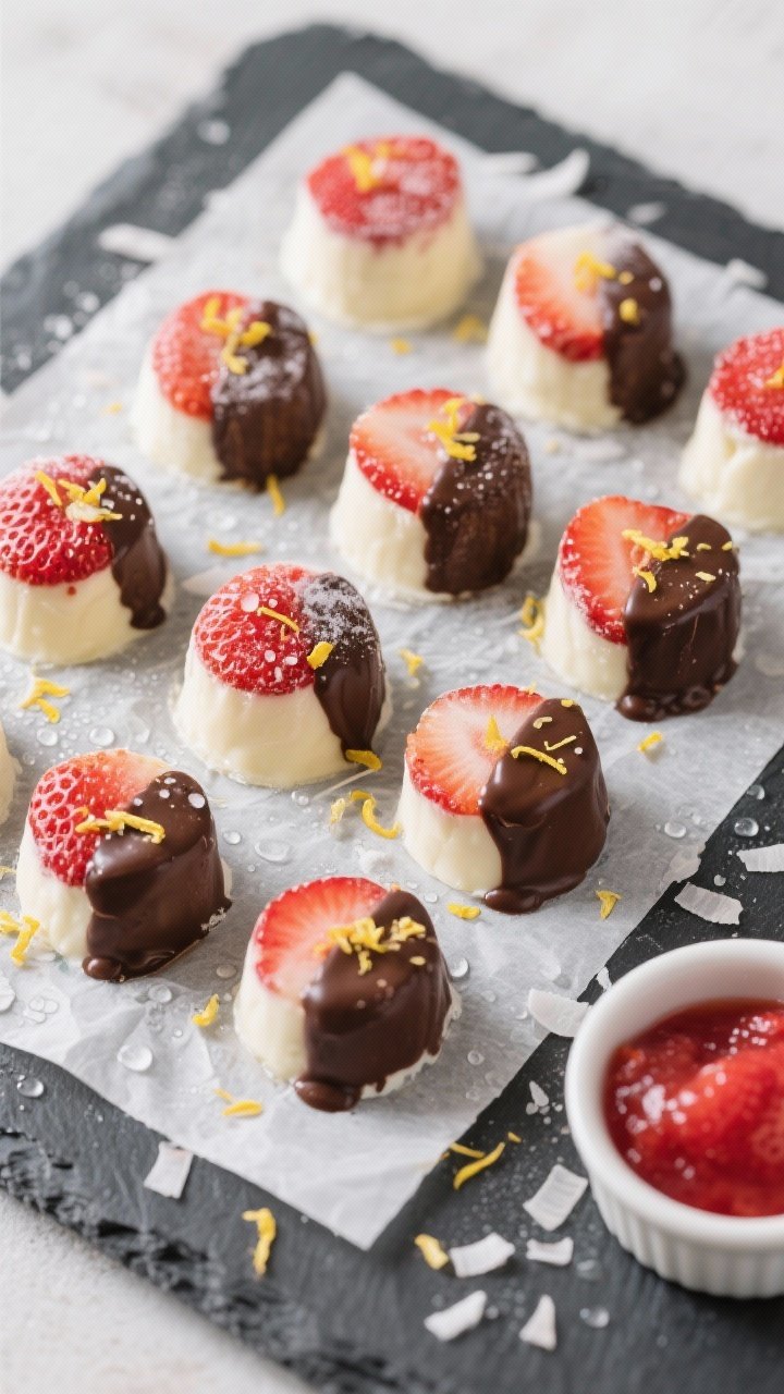 Final dish overhead: Fully set Frozen Keto Strawberry Bites popped out of the mold and arranged in a