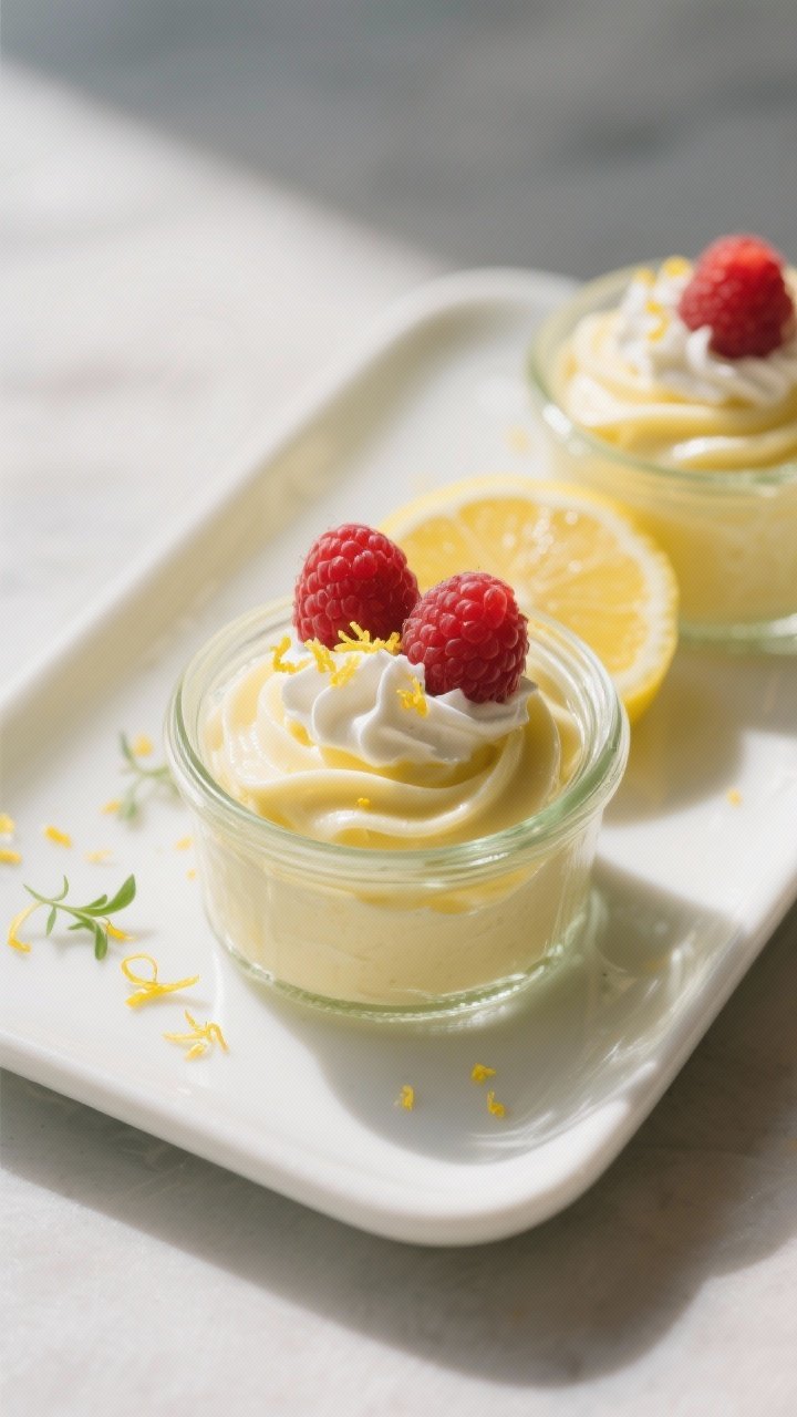 Final dish overhead: Keto Lemon Mousse elegantly portioned into small clear glass jars on a matte wh