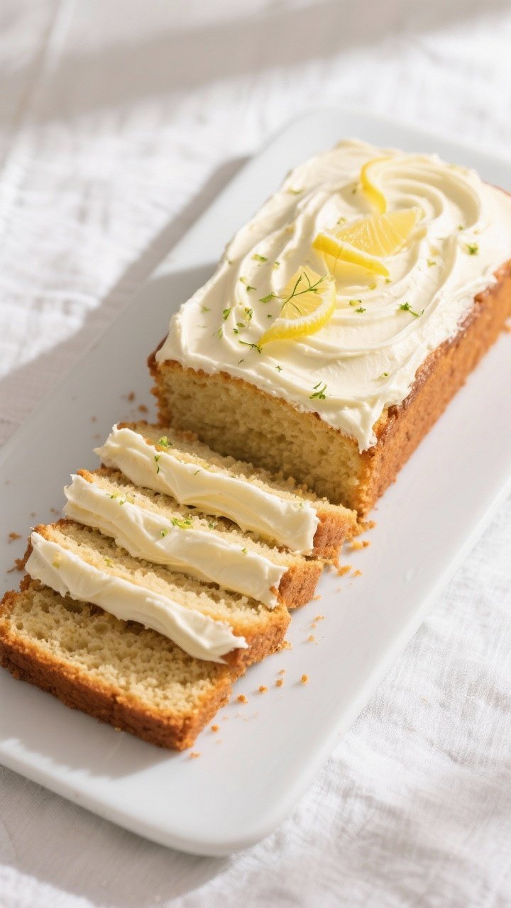 Final dish overhead: Overhead shot of a fully cooled Keto Lemon Frosted Pound Cake, sliced cleanly i