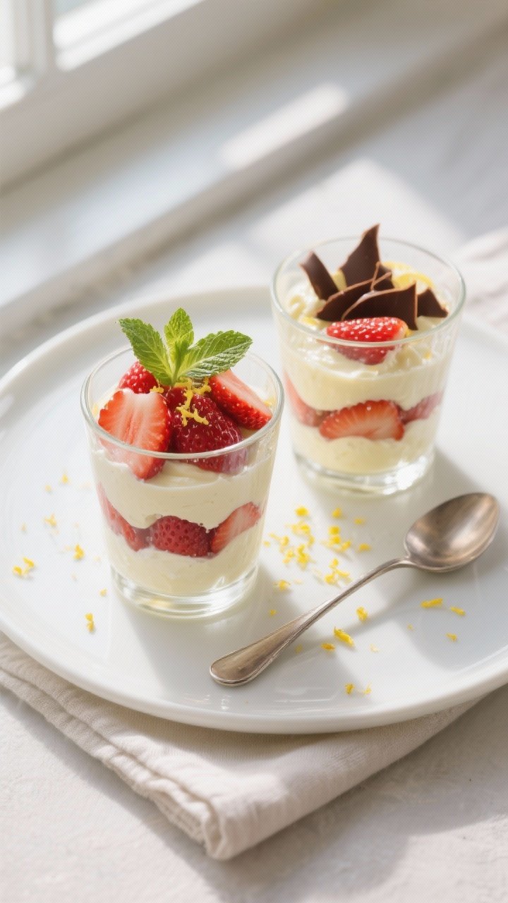 Final dish, overhead “parfait” presentation: two small clear glasses layered with smooth lemon-v