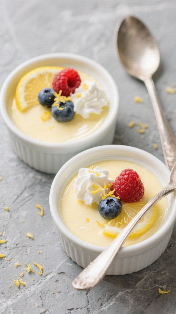 Final dish/overhead presentation: Chilled keto lemon custard set in white ramekins, smooth satin sur