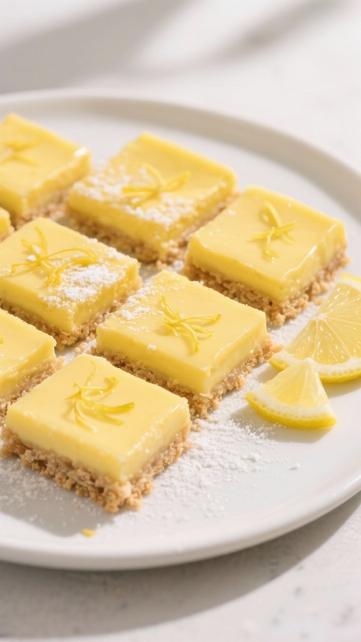 Final dish/overhead presentation: Top-down shot of perfectly chilled Keto Lemon Bars sliced into tid