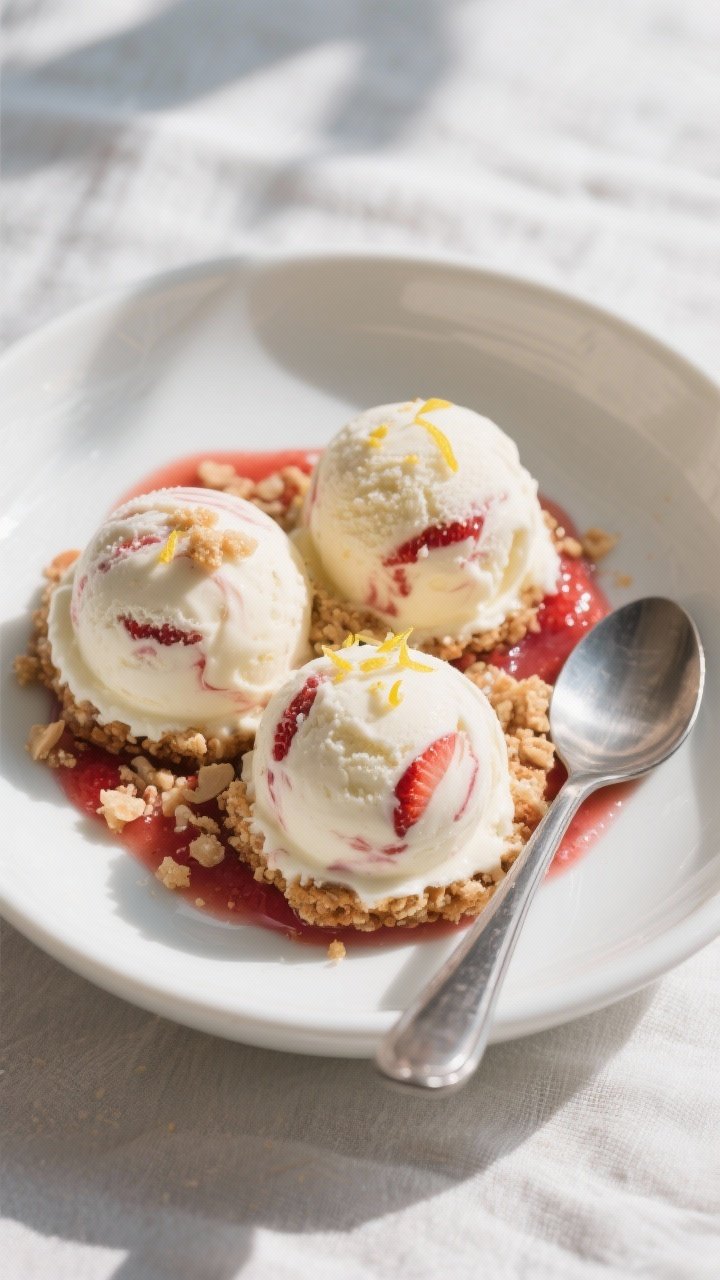 Final dish – Overhead shot of Keto Strawberry Cheesecake Ice Cream scoops in a chilled white shall