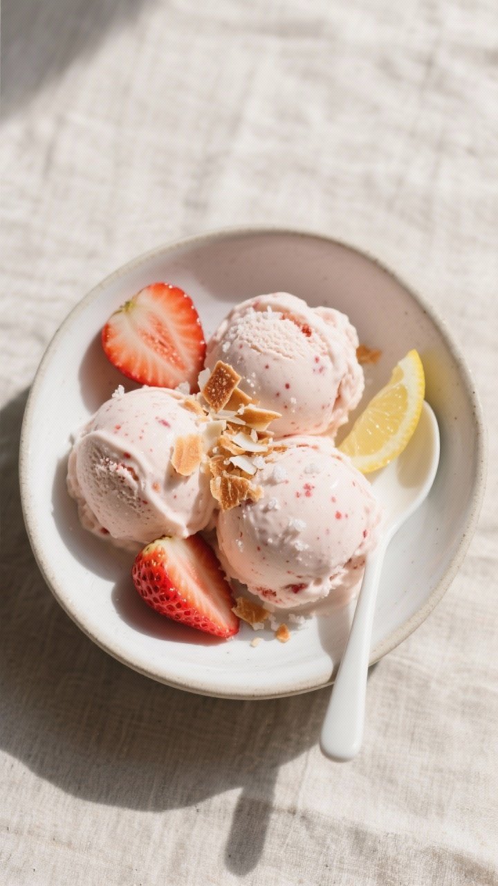 Final dish – overhead sundae bowl: Overhead shot of a perfectly scooped bowl of keto strawberry ic