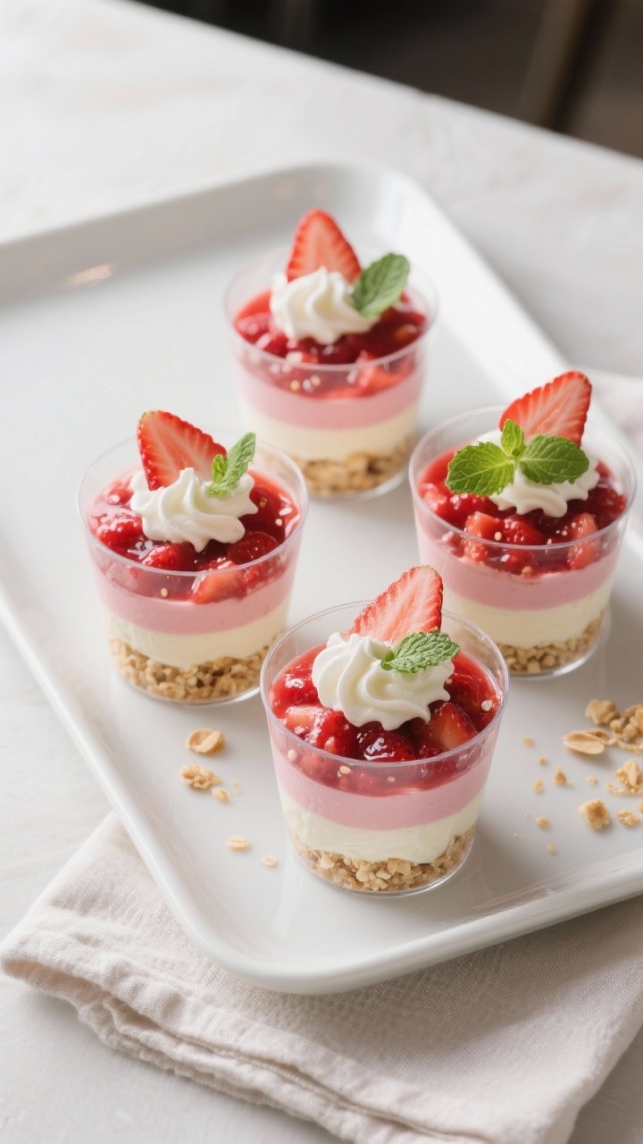 Final dish, tasty top view: Overhead shot of 4 medium clear dessert cups fully assembled—alternati