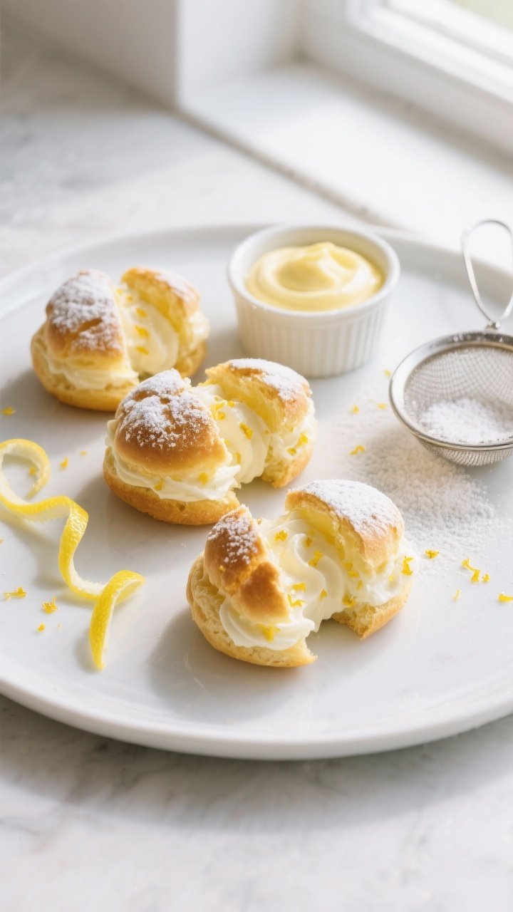 Final dish, tasty top view: Overhead shot of assembled keto lemon cream puffs on a matte white platt