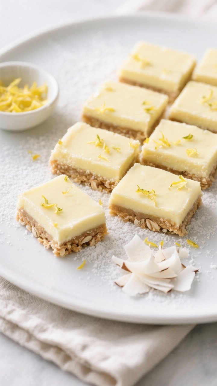 Final dish, tasty top view: Overhead shot of chilled keto lemon coconut bars cut into clean squares,