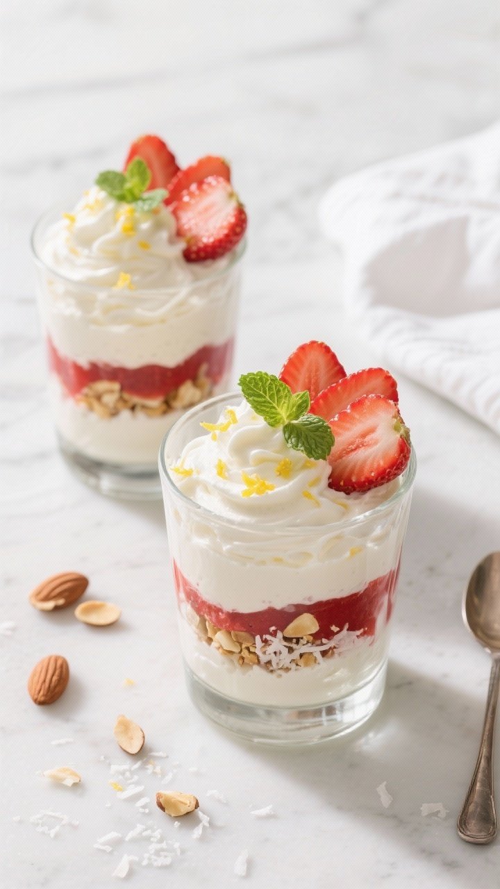 Final dish, tasty top view: Overhead shot of Keto Strawberry Whipped Cream Parfaits layered in clear