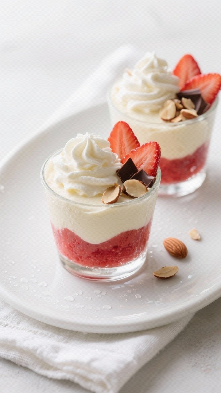 Final dish, tasty top view: Overhead shot of Keto Strawberry Vanilla Mousse Cups layered parfait-sty