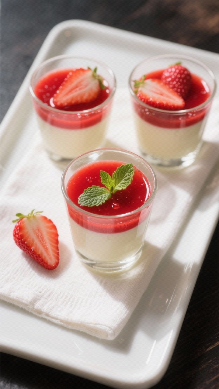 Final dish, tasty top view: Overhead shot of layered keto strawberry panna cotta set in modern small