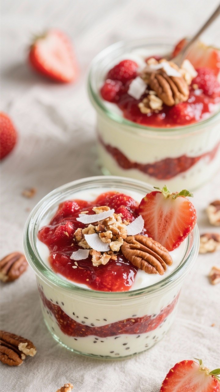Final dish tasty top view: Overhead shot of layered keto strawberry yogurt parfaits in clear glass j