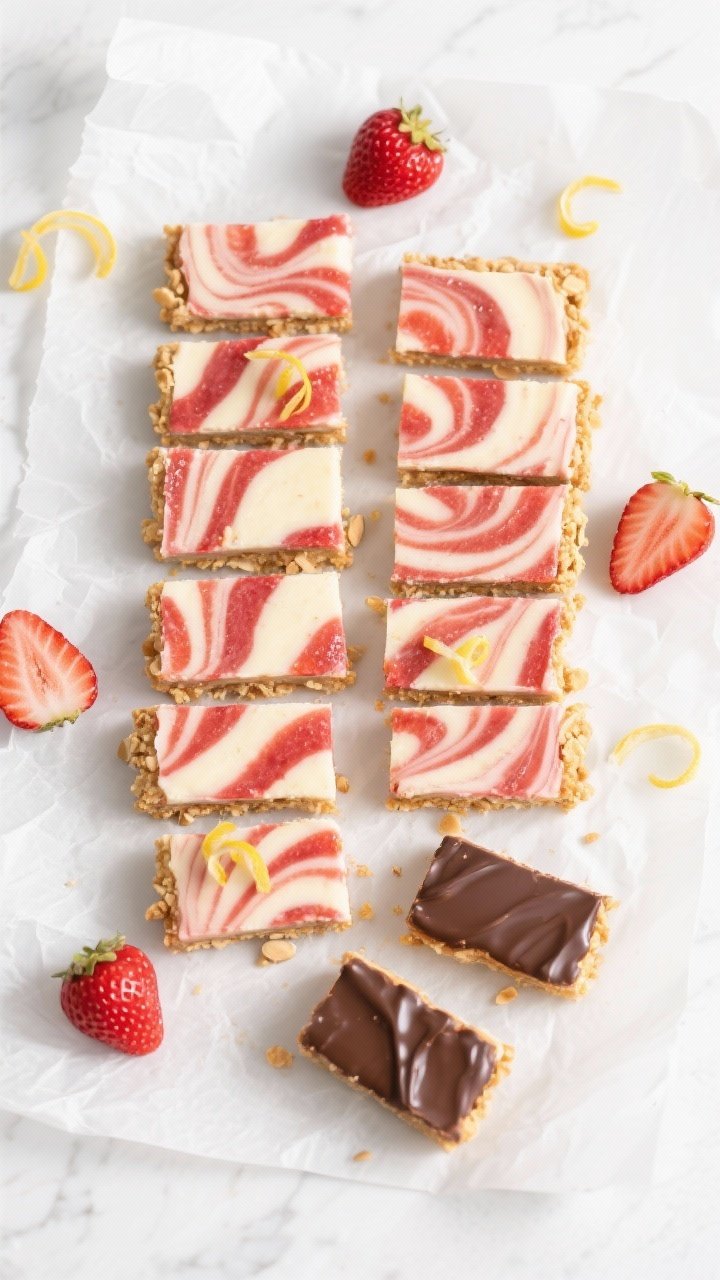 Final dish, tasty top view: Overhead shot of neatly sliced Keto Strawberry Vanilla Swirl Bars (12 pi