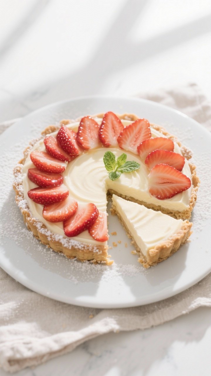 Final dish, tasty top view: Overhead shot of the assembled Keto Strawberry Cream Tart with a silky,