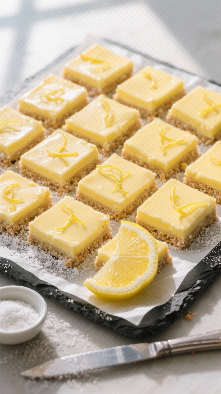 Final dish top-down: Overhead shot of chilled Keto Lemon Custard Bars cut into 16 neat squares with