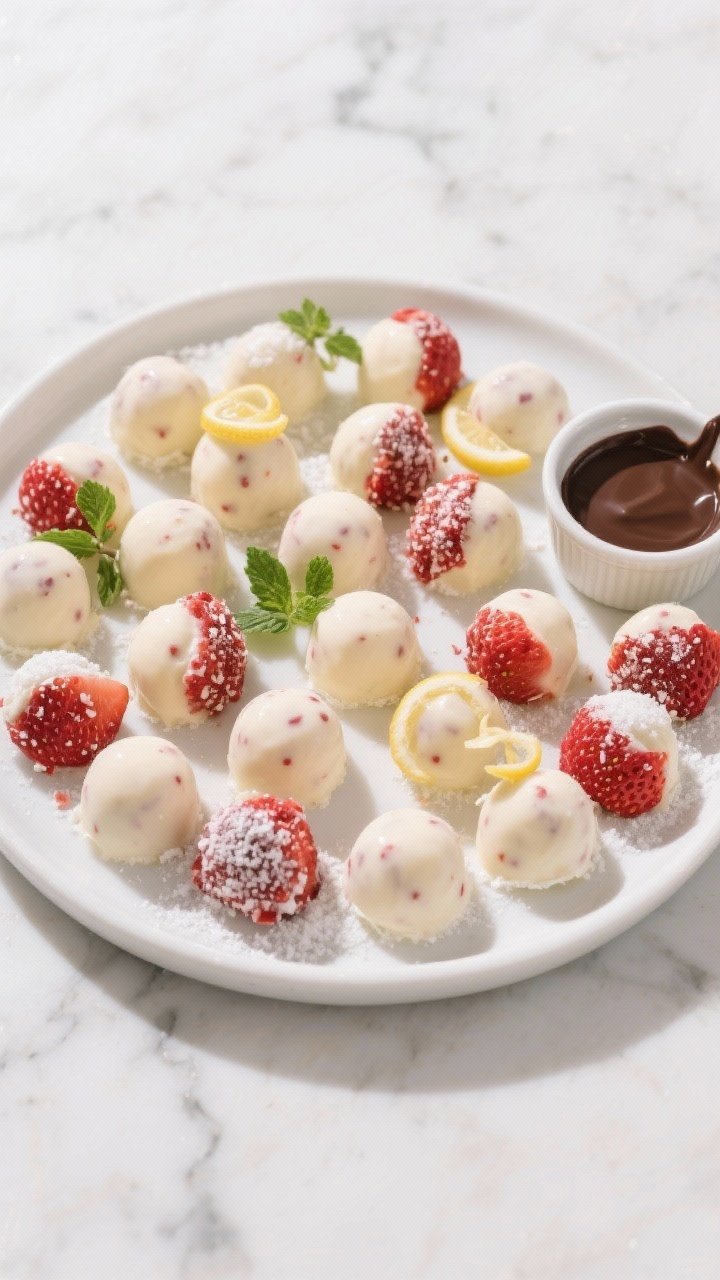 Final dish/top-down presentation: Overhead shot of 18–24 set keto strawberry fat bombs arranged on