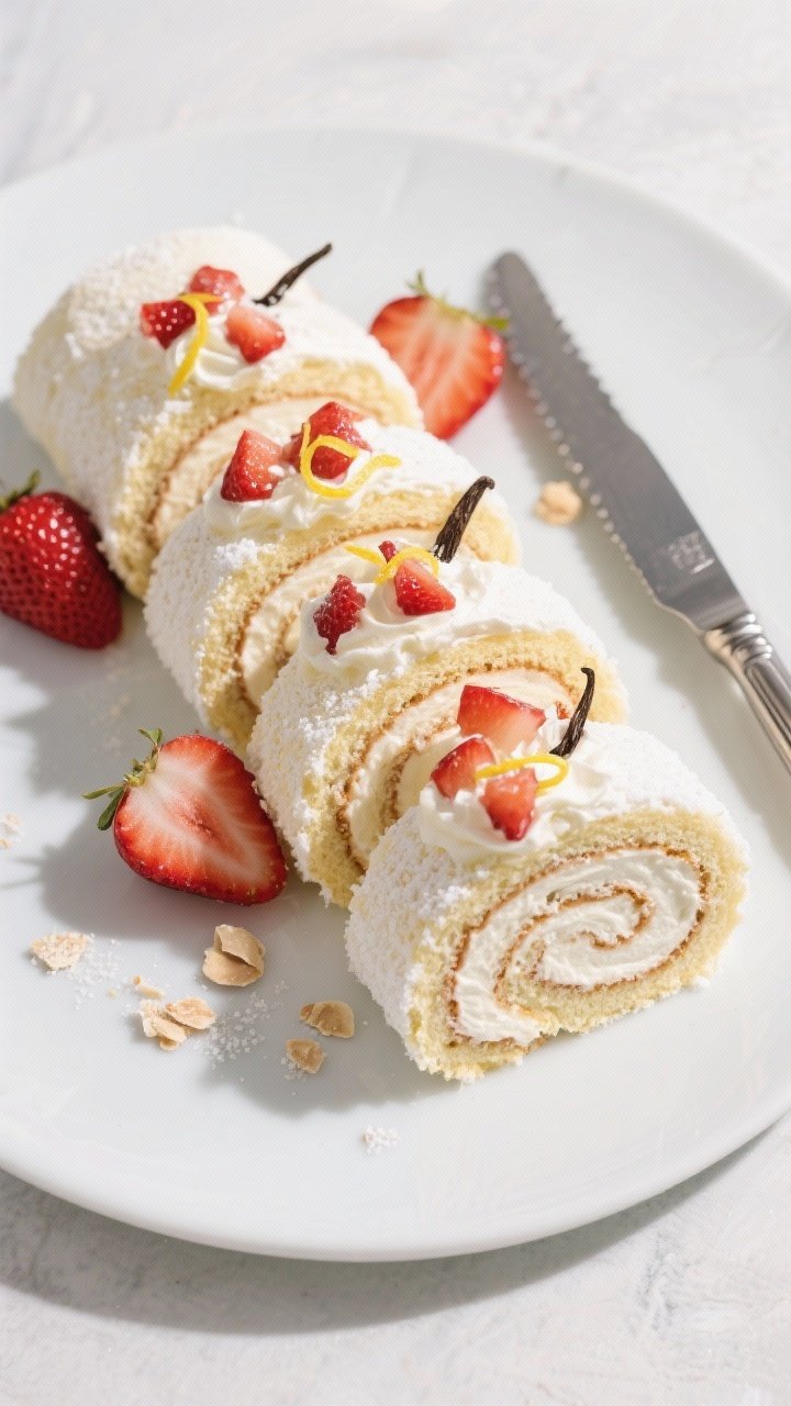 Final dish, top view: Overhead shot of a chilled Keto Strawberry Cream Roll Cake sliced into neat sp