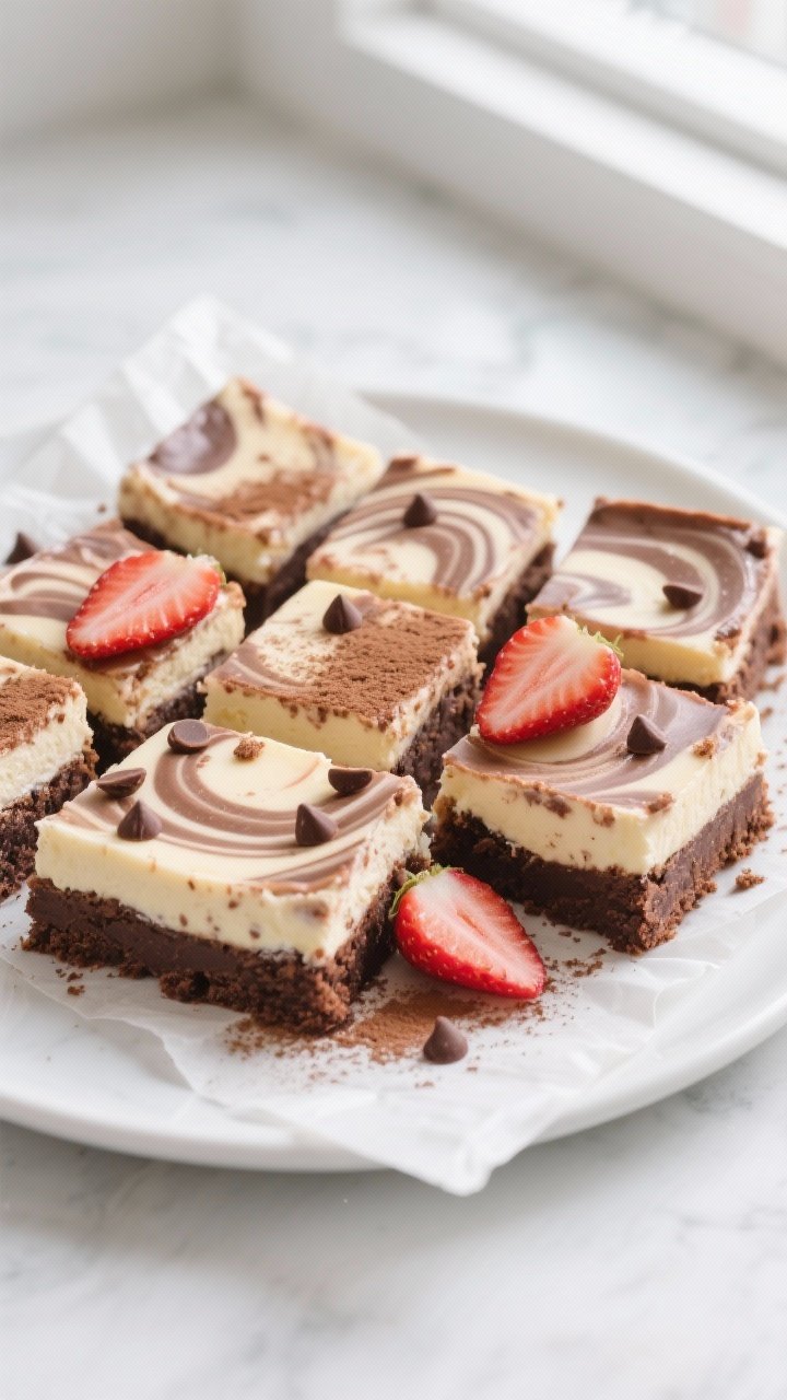 Final dish, top view: Overhead shot of chilled, cleanly sliced keto strawberry cheesecake brownies a