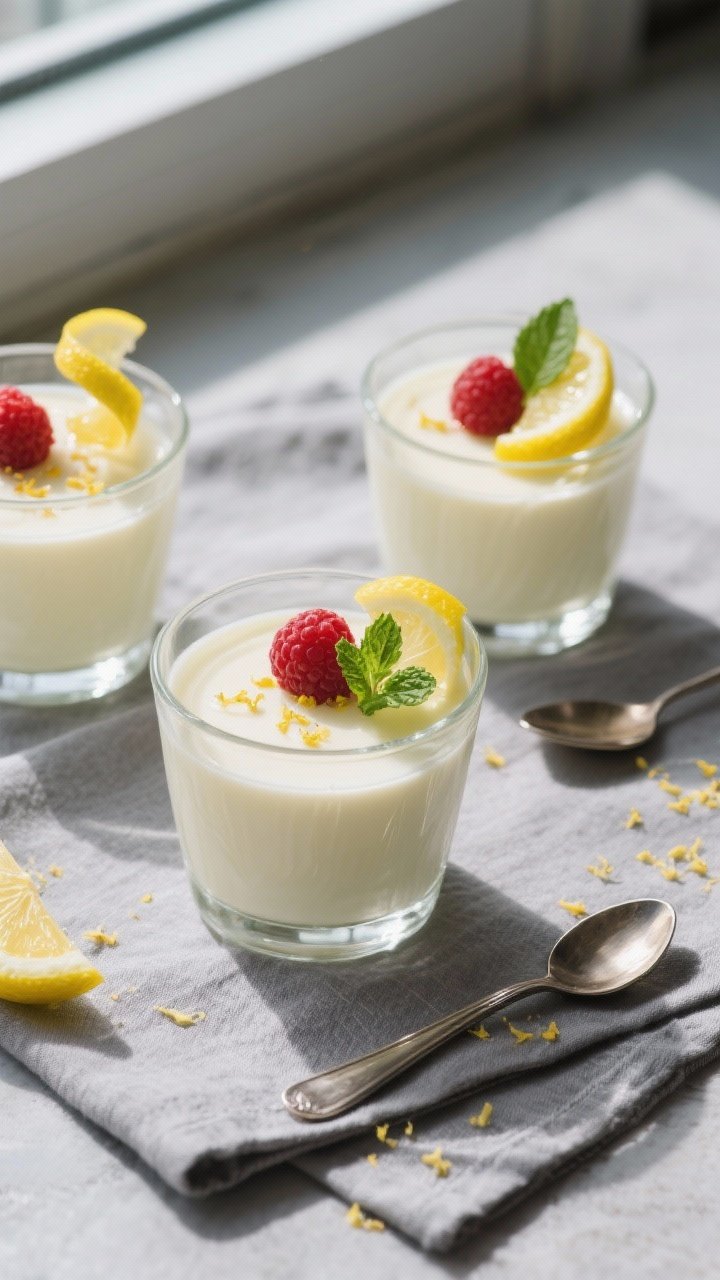 Final dish/top view: Overhead shot of set Keto Lemon Panna Cotta served in simple clear glass tumble