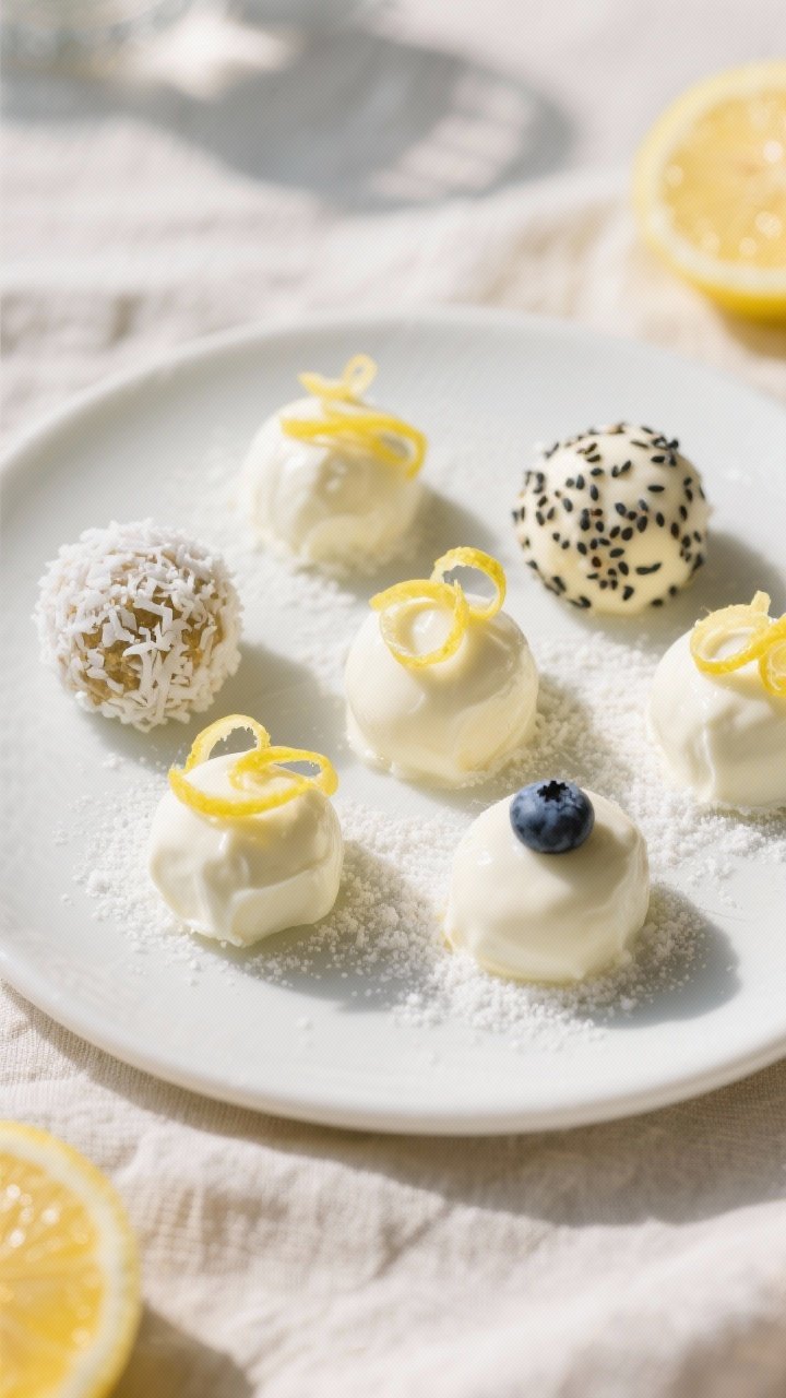 Final dish, top view: Overhead shot of set no-bake keto lemon fat bombs neatly unmolded onto a matte