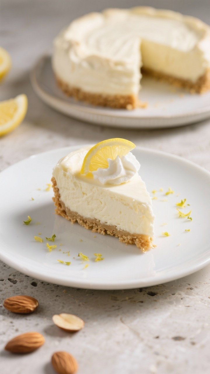 Final plated overhead: Chilled Keto Lemon Soufflé Cheesecake slice on a matte white dessert plate w