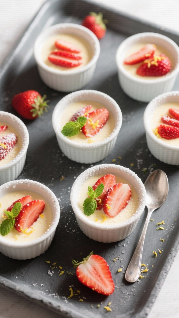 Final plated, overhead presentation: Chilled Keto Strawberry Custard Cups, of six white ramekins on