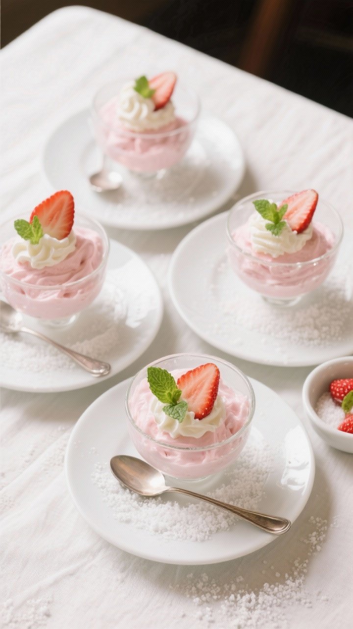 Final plated overhead shot: Four individual servings of keto strawberry cloud mousse in clear desser