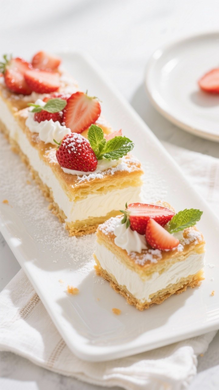 Final plated, tasty top view: Overhead shot of chilled Keto Strawberry Cream Puff Dessert cut into n