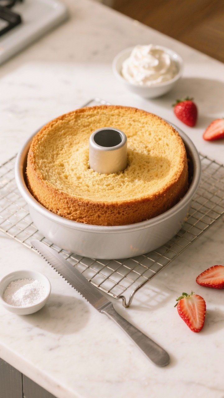 Overhead cooking-process shot of the just-baked Keto Strawberry Angel Food Cake cooling inverted in 
