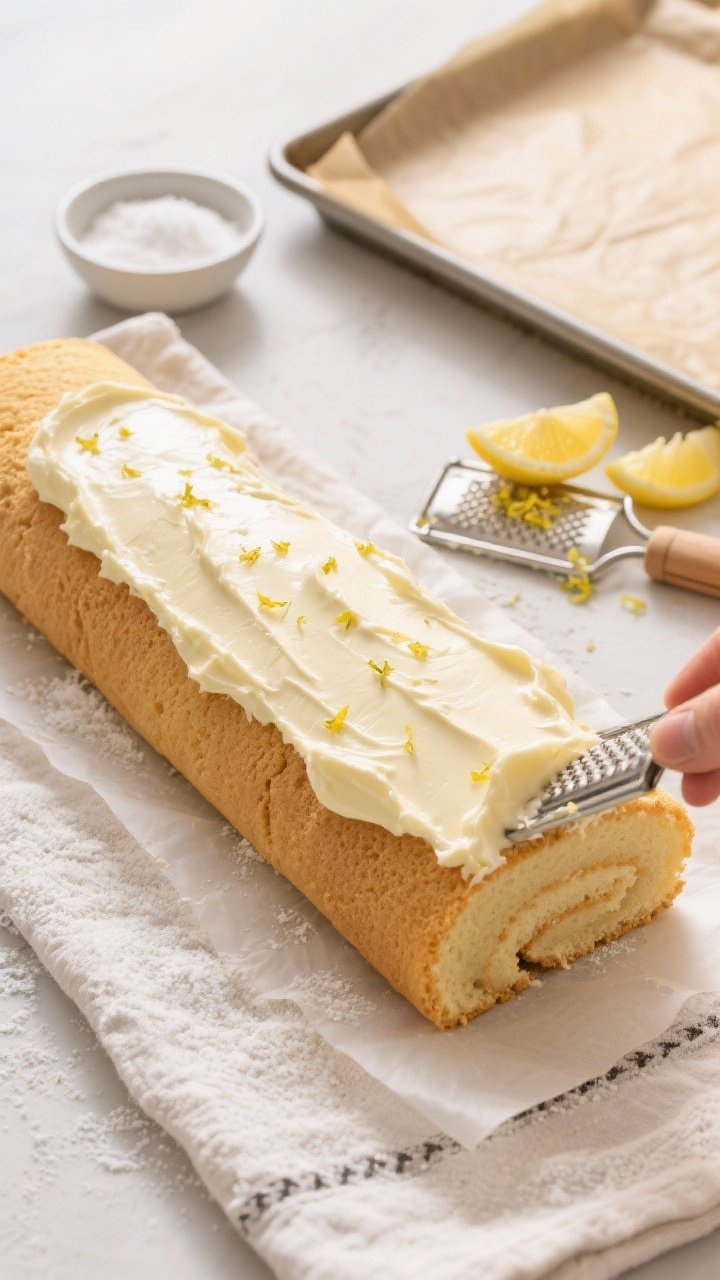 Overhead cooking process shot: The baked sponge just unrolled on a lightly dusted kitchen towel, bei