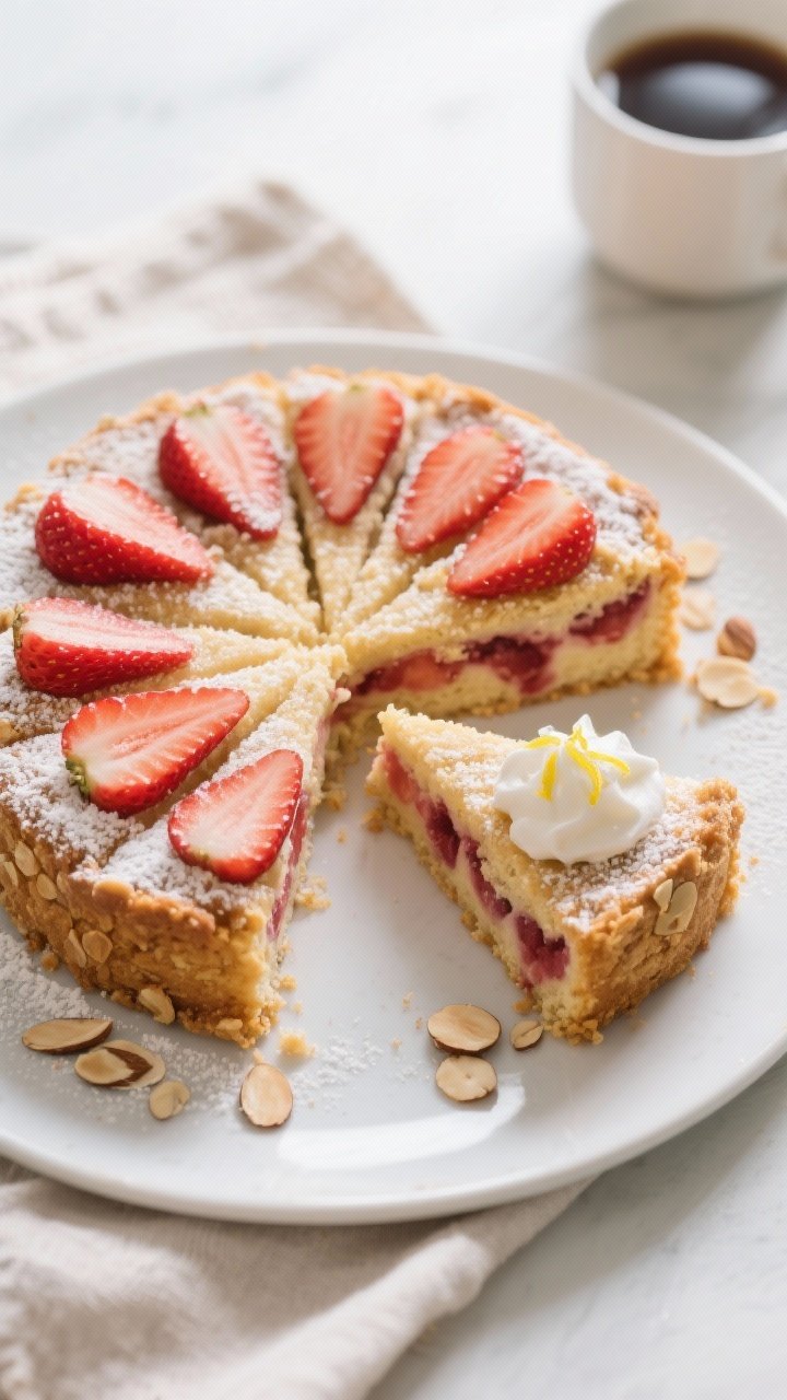 Overhead final presentation: A 9-inch round Keto Strawberry Almond Cake sliced into neat wedges on a