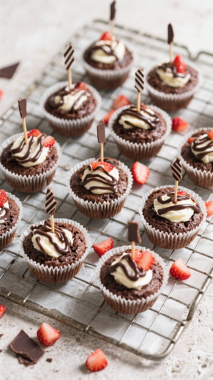 Overhead final presentation: A neat grid of chilled mini muffin brownie bites in paper liners on a p