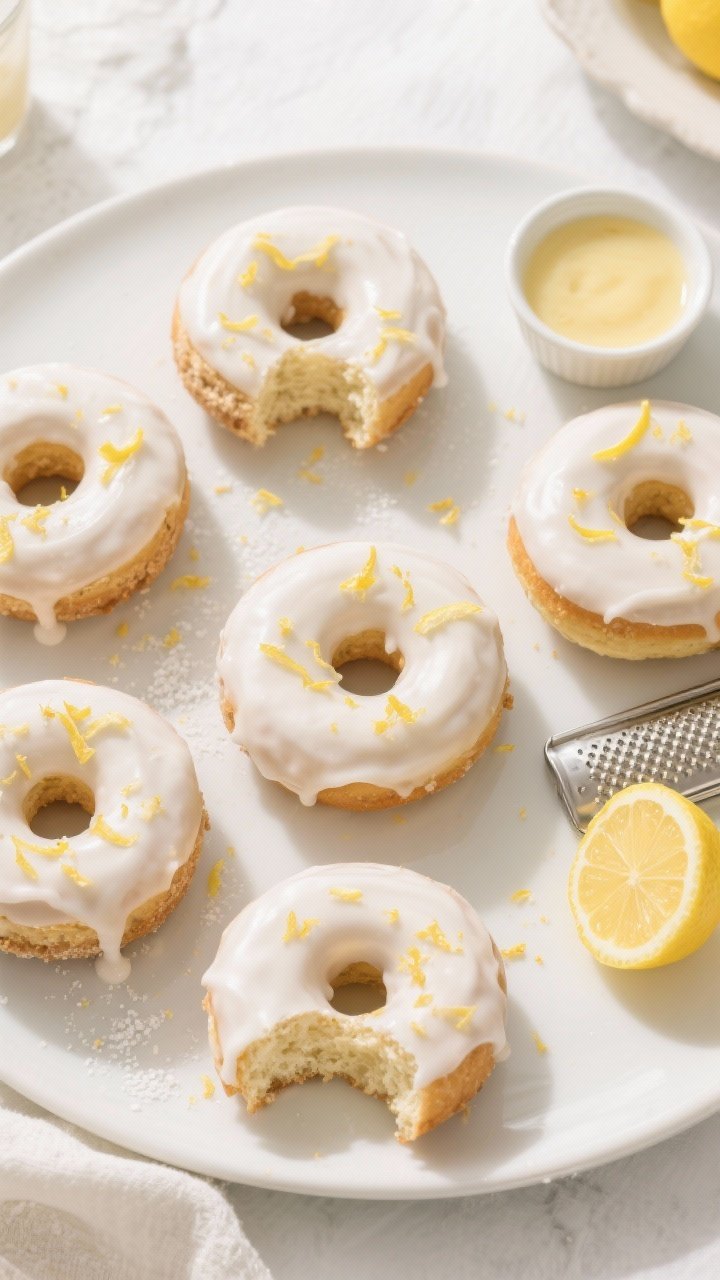 Overhead final presentation: a tidy brunch scene with 6 keto lemon donuts arranged on a matte white 