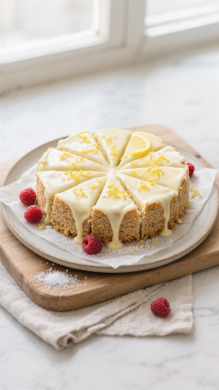 Overhead final presentation: An 8-inch round keto lemon almond flour cake on parchment-lined board, 