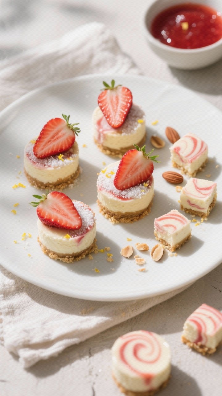 Overhead final presentation: beautifully plated keto strawberry cheesecake bites arranged on a cool 