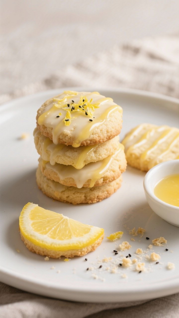 Overhead final presentation: beautifully plated keto lemon cookies on a matte white ceramic plate, n