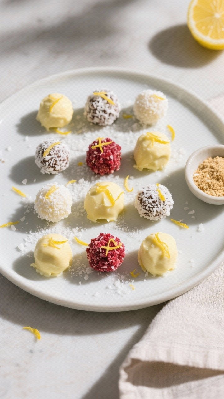 Overhead final presentation: Elegant plate of Keto Lemon Truffles arranged in a neat grid, showcasin